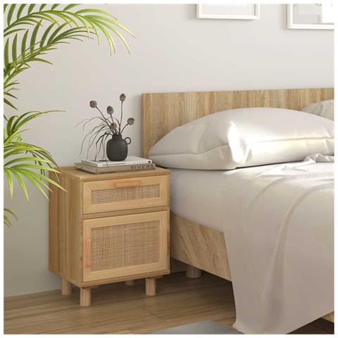 Comodini 2 Pz Marroni Legno Massello Di Pino E Rattan Naturale - Foto 2