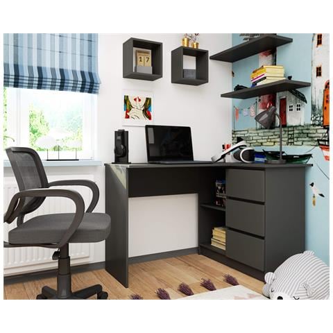 Scrivania ad angolo B16 destro, 3 cassetti, 124x85x77 cm, Colore Grigio Grafite - Foto 4