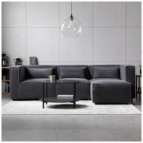 Modular Divano Componibile 3 Posti In Velluto A Coste Grigio Con Pouf - Foto 2