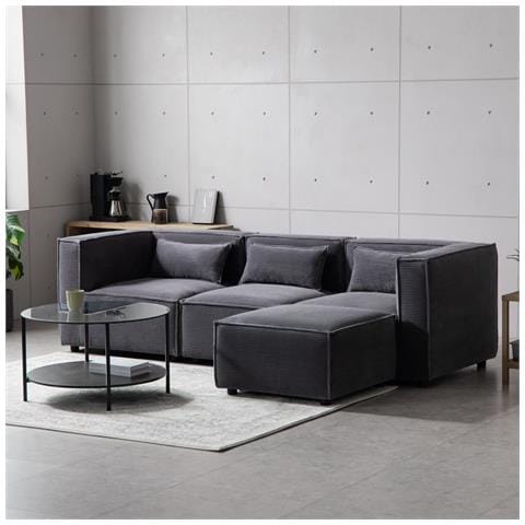 Modular Divano Componibile 3 Posti In Velluto A Coste Grigio Con Pouf - Foto 6
