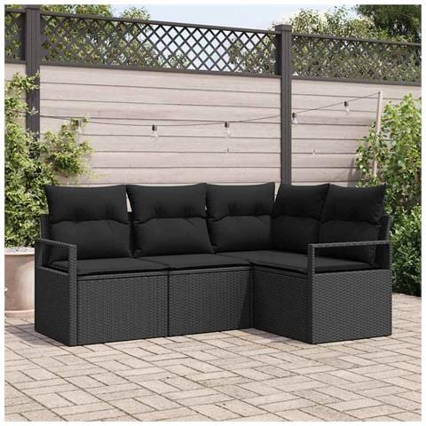 Set di divani da giardino 4 pezzi con cuscini neri in polyrattan, Divano da giardino 2 posti con cuscini neri in polyrattan - Foto 2