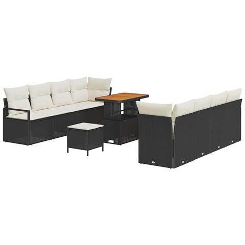 Set Divano da Giardino 11 Pezzi con Cuscini Nero Polyrattan Acacia, Divano da Giardino 2 Posti con Cuscini Nero Polyrattan, Set da Pranzo da Giardino 3 Pezzi con Cuscini Nero Polyrattan Acacia - Foto 1