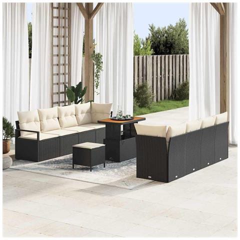 Set Divano da Giardino 11 Pezzi con Cuscini Nero Polyrattan Acacia, Divano da Giardino 2 Posti con Cuscini Nero Polyrattan, Set da Pranzo da Giardino 3 Pezzi con Cuscini Nero Polyrattan Acacia - Foto 2