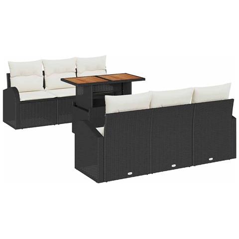 Set divano da giardino da 7 pezzi con cuscini neri in polyrattan, Divano da giardino a 2 posti con spazio di stoccaggio e cuscini neri in polyrattan - Foto 1