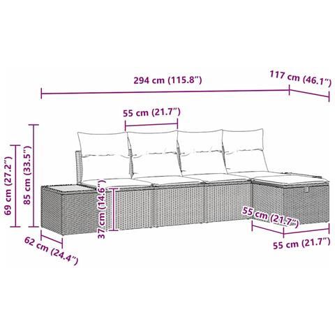 Set divano giardino a 5 pezzi con cuscini beige rattan sintetico - Foto 9