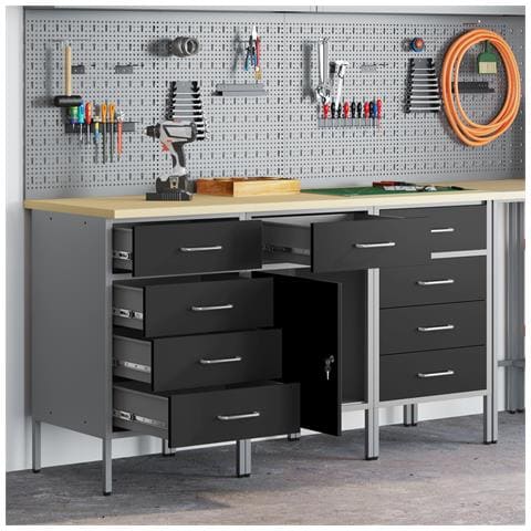 Set di armadi da lavoro 3 pezzi in legno ingegnerizzato e acciaio, nero e grigio - Foto 2