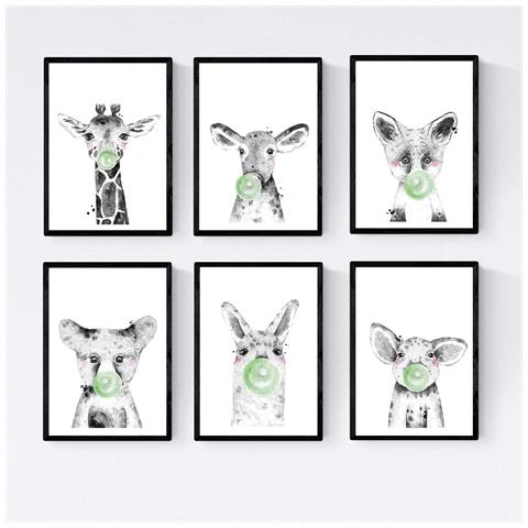Set Di 6 Stampe Animali Bambini Con Gomma Da Masticare Giraffa Maiale Mucca Zorro Orso Fiamma A4 Senza Cornice - Foto 1
