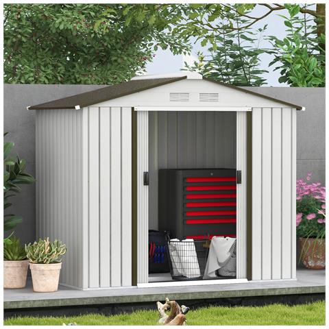 Casetta Porta Utensili In Acciaio, Capanno Da Giardino Con Porte Scorrevoli, 213x130x185 Cm, Bianco - Foto 2