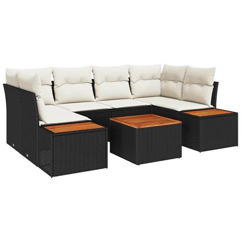 Set Divano da Giardino da 7 Pezzi con Cuscini Nero in Polirattan Acacia - Foto 1