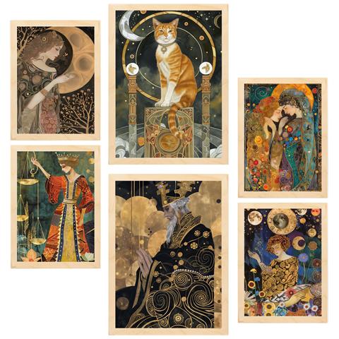 Set Di 6 Stampe Tarocchi, Cartomanzia, Arcani, Incorniciati Con Illustrazioni Di Design Per La Casa, Negozio, Pittura A3 & A4 Telaio In Legno Chiaro - Foto 1