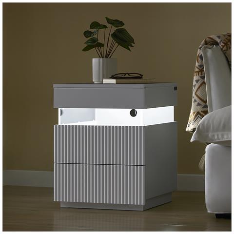 Comodino Moderno A 3 Cassetti, Pannelli In Acrilico, Luce Led, Bianco - Foto 2