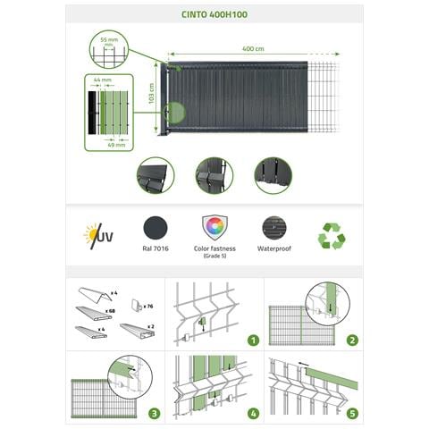 Lamelle In Pvc Rigido Cinto 4m X H.100cm Grigio – Brise-vue Da Giardino Con Profilo Di Finitura E Clip - Foto 8