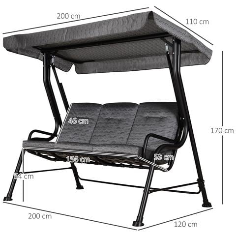 Dondolo da Giardino per 3 Persone con Tettuccio Regolabile e Cuscini, 200x120x170cm, Nero - Foto 6