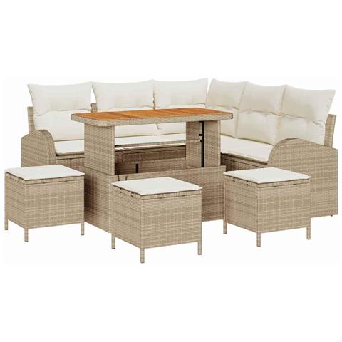 Set di Divani da Giardino con 9 Pezzi e Cuscini Beige Polyrattan Acacia, Divano da Giardino a 2 Posti con Cuscini Beige Polyrattan, Set da Pranzo da Giardino con 4 Pezzi e Cuscini Beige Polyrattan Acacia - Foto 1