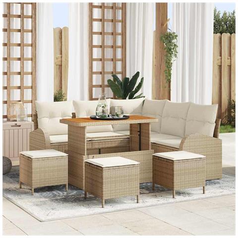 Set di Divani da Giardino con 9 Pezzi e Cuscini Beige Polyrattan Acacia, Divano da Giardino a 2 Posti con Cuscini Beige Polyrattan, Set da Pranzo da Giardino con 4 Pezzi e Cuscini Beige Polyrattan Acacia - Foto 2