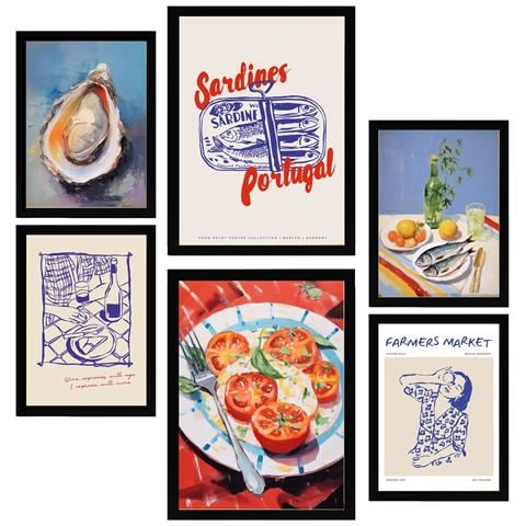 Set Di 6 Stampe Illustrazioni Decorative Di Cibo E Dieta Mediterranea In Stile Pop Art Incorniciate Con A3 & A4 Cornice Nera - Foto 1