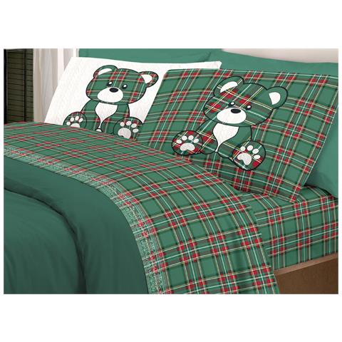 Completo Lenzuola Linea Pensieri Delicati 100% Cotone Disegno Orsetto Tartan Singolo Verde - Foto 1