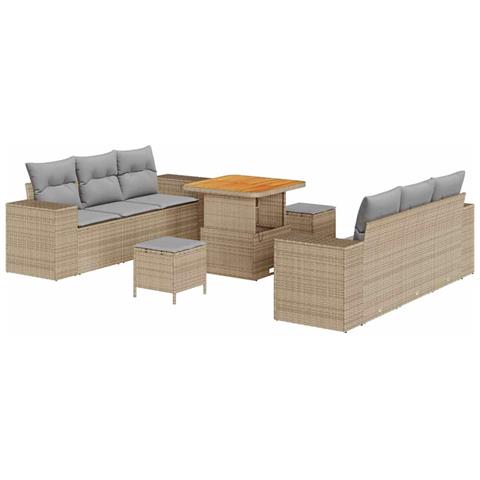 Set di Divani da Giardino con 9 Pezzi e Cuscini Beige Rattan Polipropilene Acacia, Set da Pranzo da Giardino con 3 Pezzi e Cuscini Beige Rattan Polipropilene Acacia - Foto 1