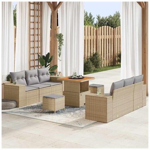 Set di Divani da Giardino con 9 Pezzi e Cuscini Beige Rattan Polipropilene Acacia, Set da Pranzo da Giardino con 3 Pezzi e Cuscini Beige Rattan Polipropilene Acacia - Foto 2