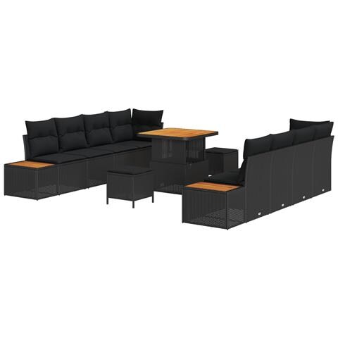 Set Divano da Giardino 11 Pezzi con Cuscini Nero Polyrattan Acacia, Set da Pranzo da Giardino 3 Pezzi con Cuscini Nero Polyrattan Acacia - Foto 1