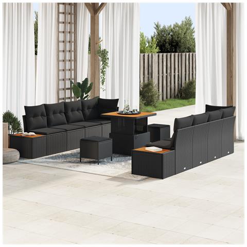 Set Divano da Giardino 11 Pezzi con Cuscini Nero Polyrattan Acacia, Set da Pranzo da Giardino 3 Pezzi con Cuscini Nero Polyrattan Acacia - Foto 2