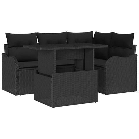 Set Divano Giardino a 5 Pezzi con Cuscini in Rattan Polimerico Nero,  Divano Giardino a 2 Posti con Cuscini in Rattan Polimerico Nero - Foto 1