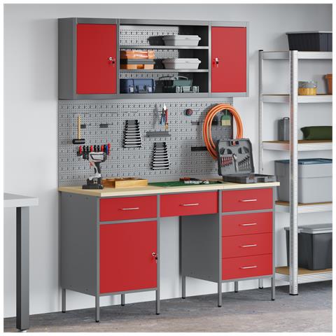 Set da lavoro con armadietto e pegboard da 7 pezzi rosso in MDF e metallo - Foto 2