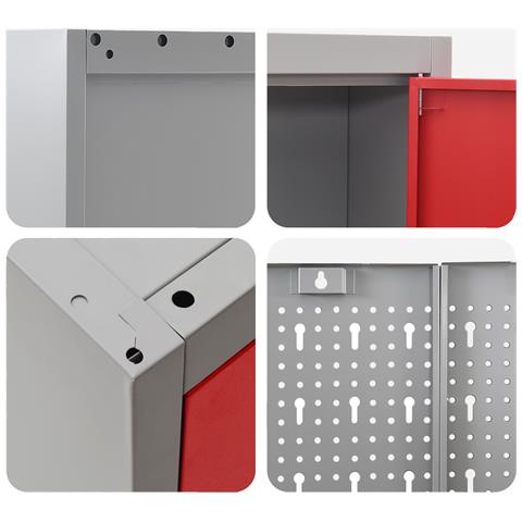 Set da lavoro con armadietto e pegboard da 7 pezzi rosso in MDF e metallo - Foto 9