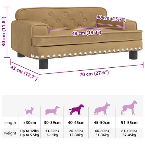 Lettino per Cani Marrone 70x45x30 cm in Velluto - Foto 7