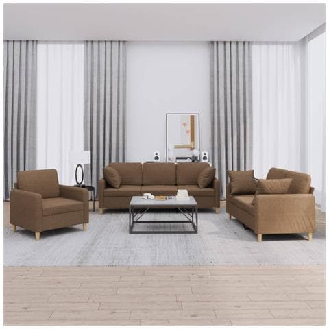 Set di Divani 3 pz con Cuscini Marrone in Tessuto - Foto 2