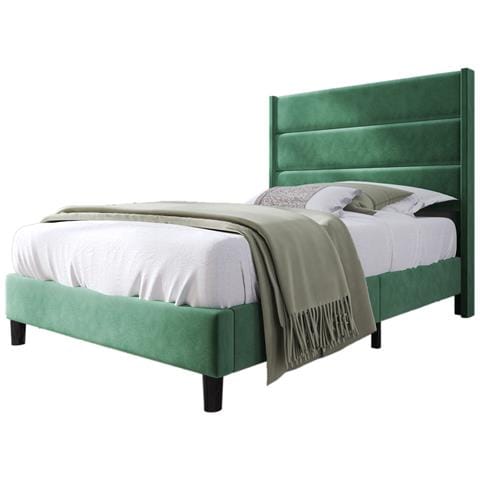 Letto Imbottito Singolo In Velluto Verde Scuro Con Testiera Unica - Foto 1