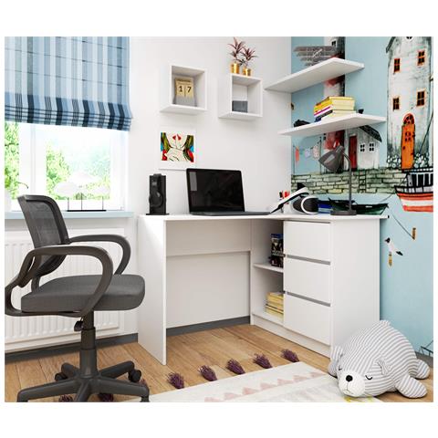 Scrivania ad angolo B16 destro, 3 cassetti, 124x85x77 cm, Colore Bianco - Foto 6