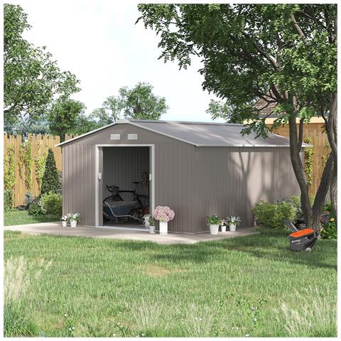 Casetta Da Giardino Con Porte Scorrevoli E Tetto Inclinato, In Acciaio, 340x386x200 Cm, Grigio - Foto 2