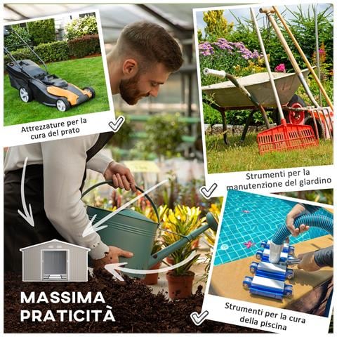 Casetta Da Giardino Con Porte Scorrevoli E Tetto Inclinato, In Acciaio, 340x386x200 Cm, Grigio - Foto 6