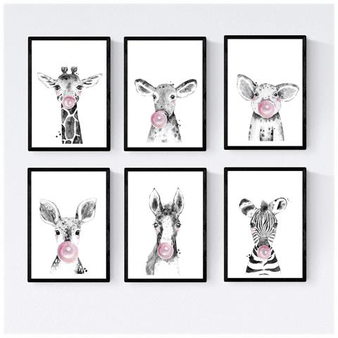 Set Di 6 Stampe Animali Bambini Con Gomma Da Masticare Zebra Maiale Giraffa Cervo Cervo Mucca Cavallo A3 Senza Cornice - Foto 1
