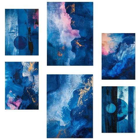 Set Di 6 Stampe Colori Astratti, Blu, Ciano, Rosa, Forme Con Illustrazioni Di Design Per Le Pareti Delle Stanze Della Tua Casa, Negozio E Attività Commerciale A3 & A4 Senza Cornice - Foto 1