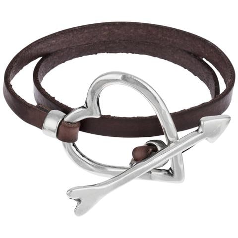 Bracciale In Pelle Marrone Con Doppio Cuore, Placcato Argento - Foto 1