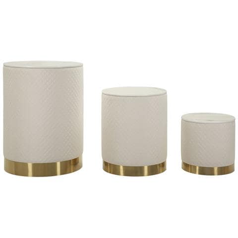 Set 3 Pouf Contenitore Shop In Tessuto Matelassé Crema Con Piano In Marmo E Base Oro Ø60x80, Ø50x60 E Ø40x40 Cm - Foto 1