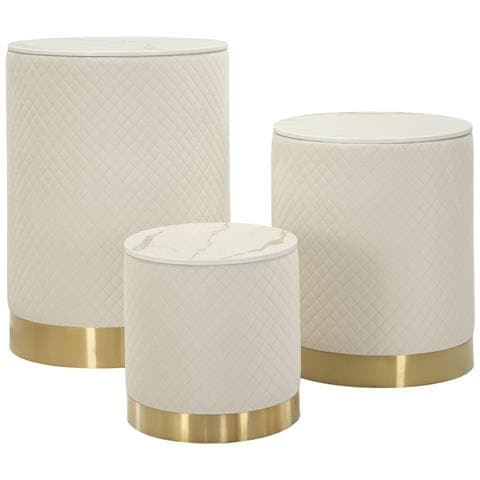 Set 3 Pouf Contenitore Shop In Tessuto Matelassé Crema Con Piano In Marmo E Base Oro Ø60x80, Ø50x60 E Ø40x40 Cm - Foto 2