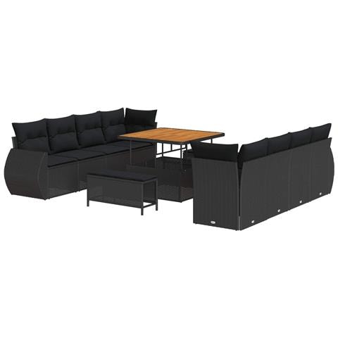 Set Divano da Giardino 11 Pezzi con Cuscini Nero Polyrattan Acacia, Set da Pranzo da Giardino 3 Pezzi con Cuscini Nero Polyrattan Acacia - Foto 1