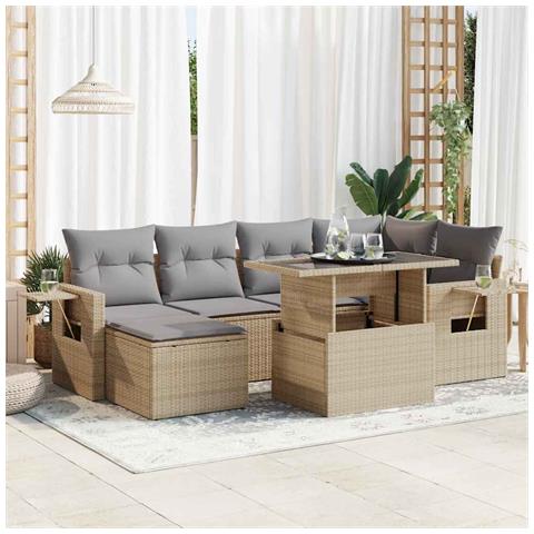 Set Divani da Giardino 7 pz con Cuscini Beige in Polyrattan - Foto 2