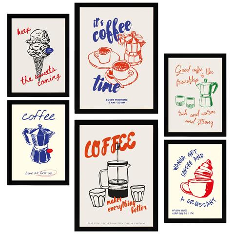 Set Di 6 Stampe Illustrazioni Decorative Di Cibo E Pasti In Stile Pop Art In Toni Pastello Incorniciati Con A3 & A4 Cornice Nera - Foto 1