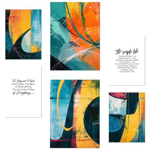 Set Di 6 Stampe Colori Astratti, Giallo, Arancione, Blu, Forme Con Illustrazioni Di Design Per Pareti, Stanze Di Casa, Negozi E Attività Commerciali A3 & A4 Senza Cornice - Foto 1