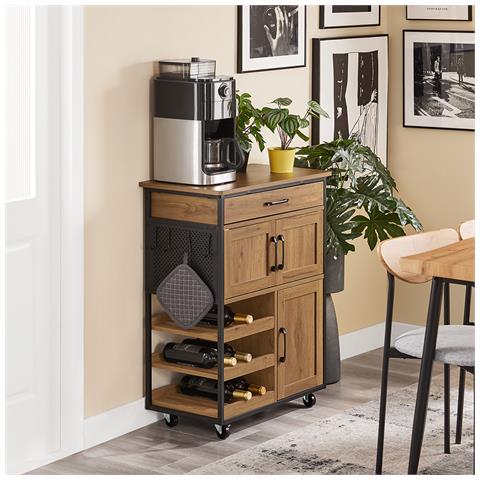 Mobile Cucina Con Ruote, Cassetti E Portabottiglie, Credenza Vintage Marrone - Foto 2