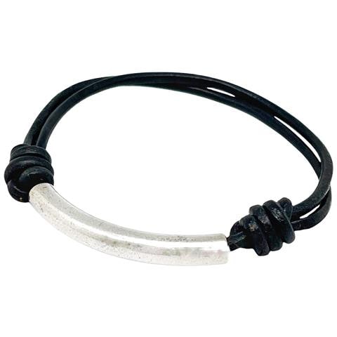 Bracciale Manba In Pelle Nera E Placcato Argento - Foto 1