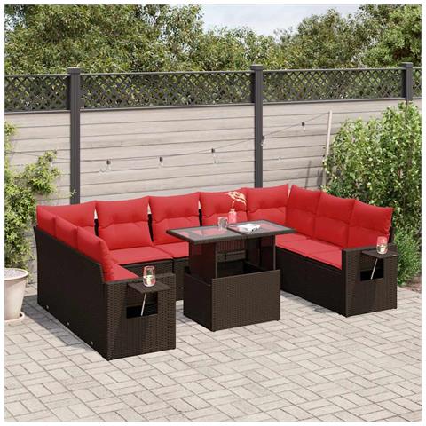 Set Divani da Giardino 10 pz con Cuscini Marrone in Polyrattan - Foto 2