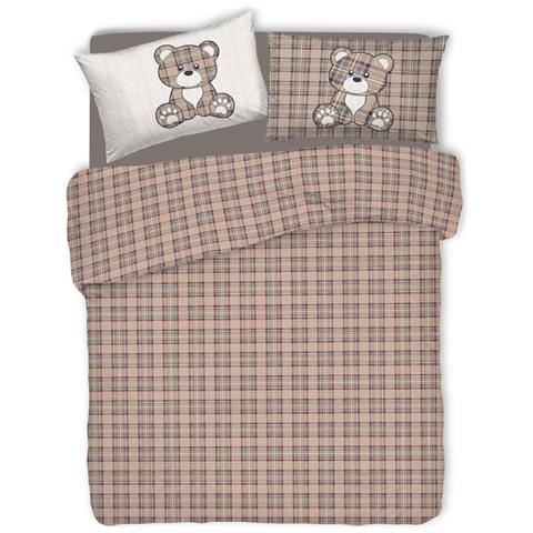 Copripiumino Sacco Piumone Pensieri Delicati 100% Cotone Orsetto Tartan Matrimoniale Beige - Foto 1