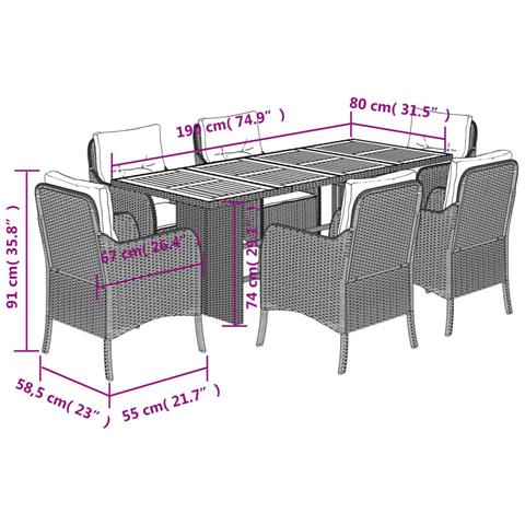 Set da Pranzo da Giardino 7 pz Nero con Cuscini in Polyrattan - Foto 8