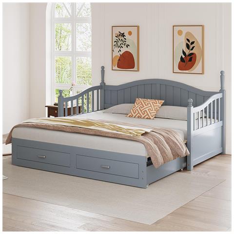 Divano Letto In Legno Massiccio 90/180x190 Cm, Con Cassetti E Rete A Doghe, Legno Di Pino, Grigio - Foto 1