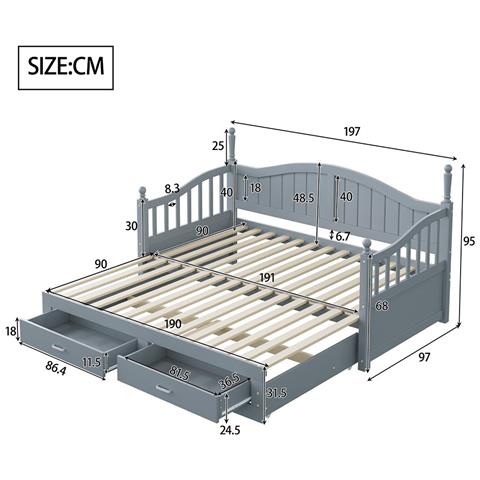 Divano Letto In Legno Massiccio 90/180x190 Cm, Con Cassetti E Rete A Doghe, Legno Di Pino, Grigio - Foto 2